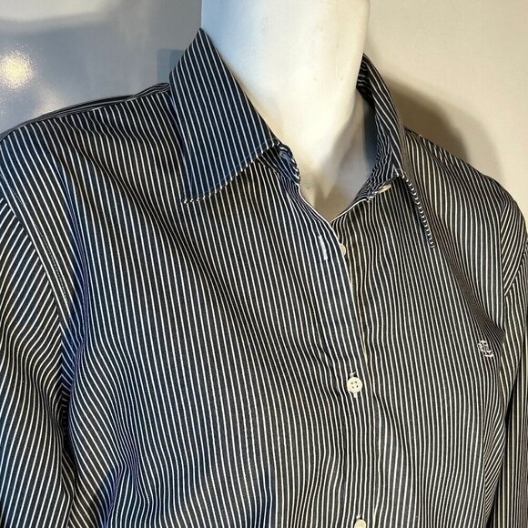 Lauren SZ 2X Navy Pinstripe Cotton Shirt Button Front Old Money Academia Classic - Picture 2 of 11